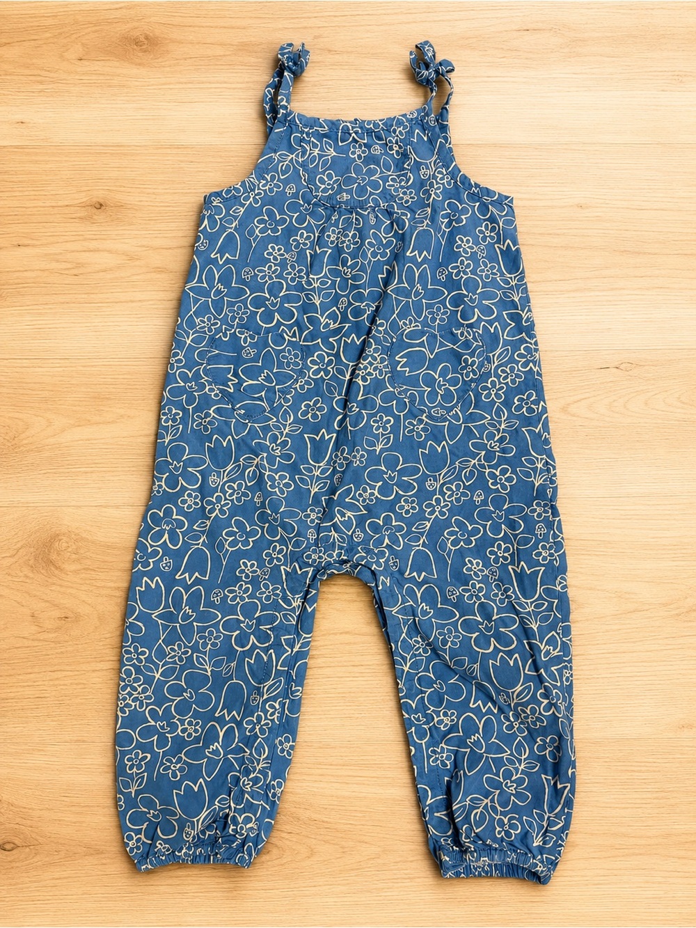 Hanna Andersson Girls 3T Cotton Blue/White Floral Sleeveless Square Neck Romper